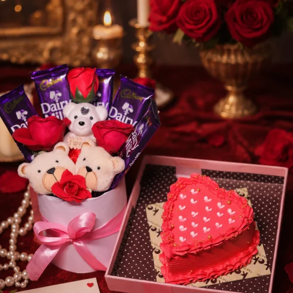 Romantic Teddy Chocolate Bouquet with Bento Cake